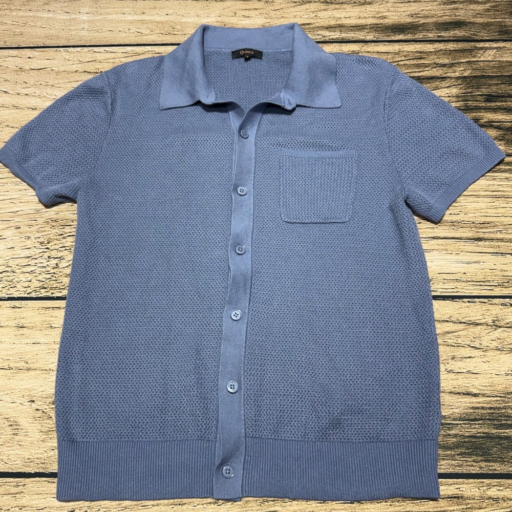 Quince Knit Shirt Men Size S Blue Organic Cotton Mesh-Stitch Button Front Polo